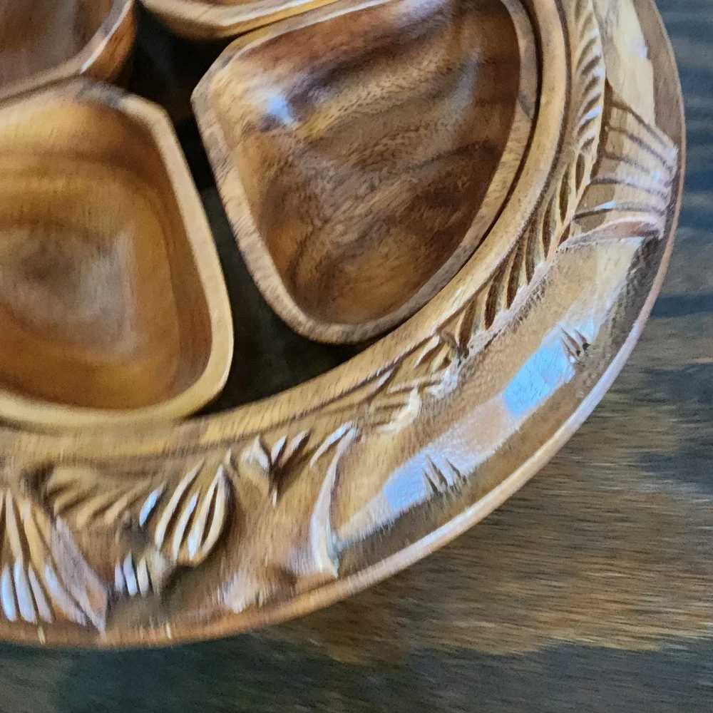 Hand Carved 3 Tier‎ Teak Pineapple Monkey Pod Lazy Susan Serving Tower Vintage
